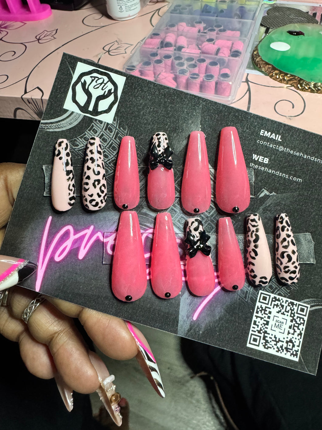 Pink Panther Luxe Press-On Nails | Leopard Print & Black Bow Coffin Set – Handmade by These Hands Nail Supply